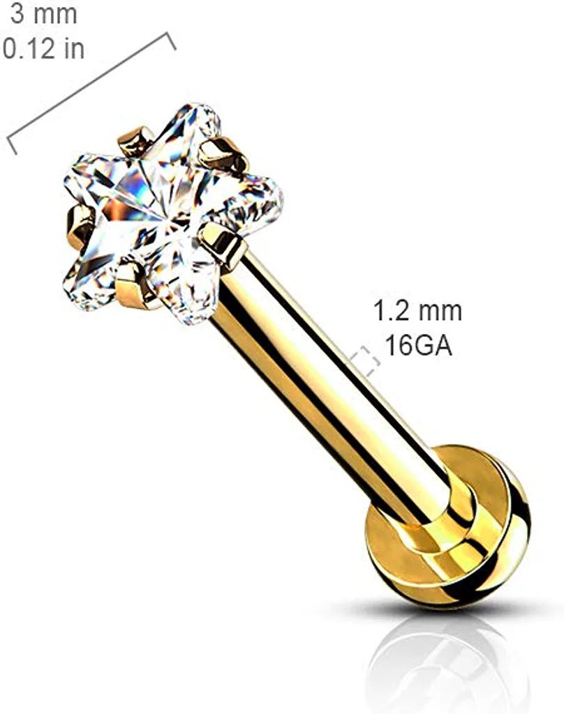 Surgical Steel Internally Star CZ Micro Base Labret Flat Back Studs For Lip Chin and Nose Labret Impulse Piercings