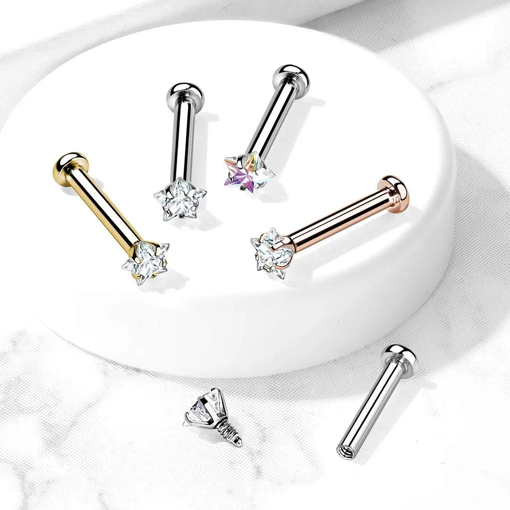 Surgical Steel Internally Star CZ Micro Base Labret Flat Back Studs For Lip Chin and Nose Labret Impulse Piercings