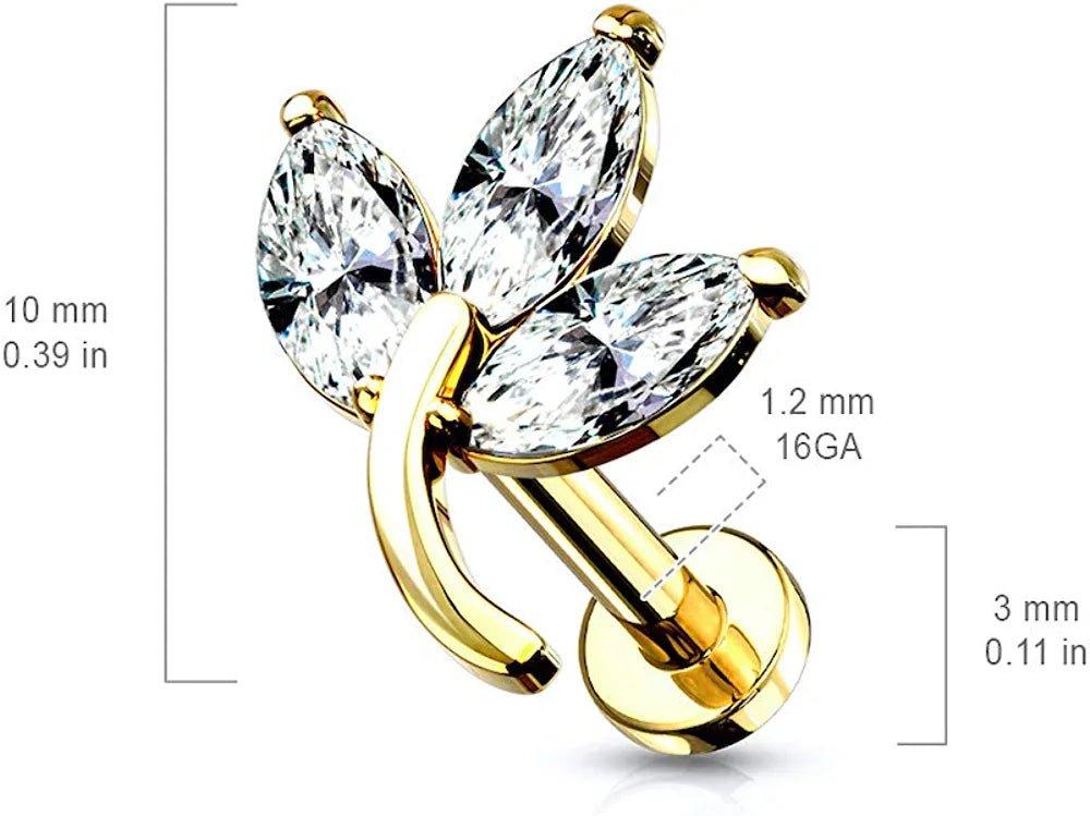 Surgical Steel Internally Threaded 3-Marquise CZ Leaf Top on Flat Back Stud for Labret Monroe Cartilage Labret Impulse Piercings