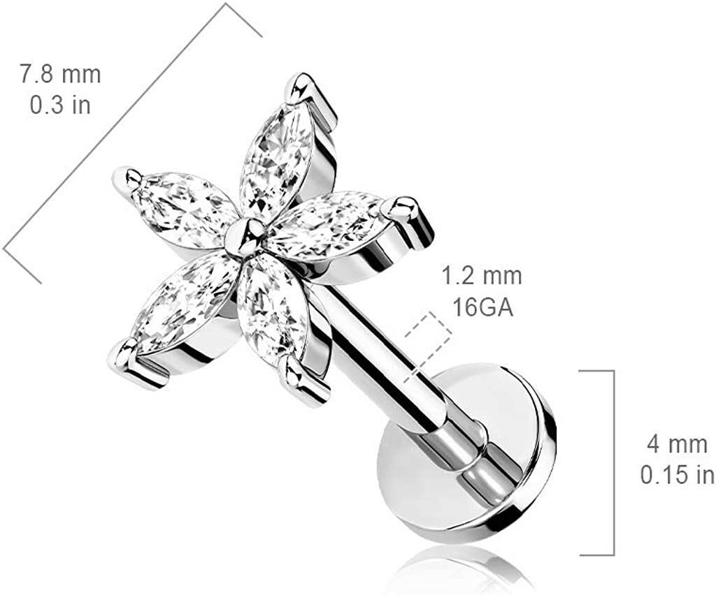 Surgical Steel Internally Threaded 5 Marquise CZ Petals Flower Top Flat Back Stud for Labret Monroe Cartilage Labret Impulse Piercings