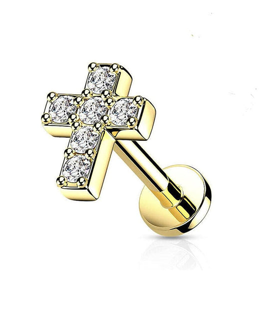 Surgical Steel Internally Threaded 6 CZ Cross Top Flat Back Stud for Labret Monroe Cartilage Labret Impulse Piercings 16GA Length: 6mm Gold