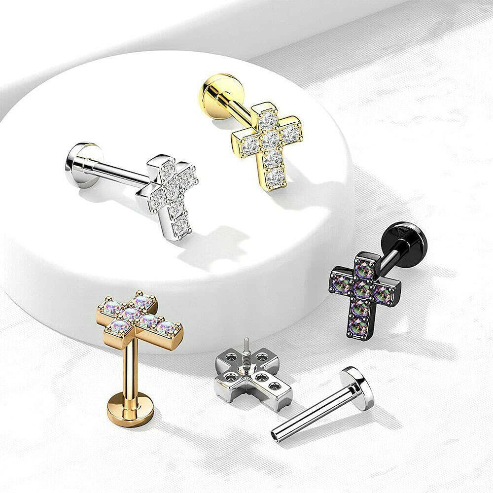 Surgical Steel Internally Threaded 6 CZ Cross Top Flat Back Stud for Labret Monroe Cartilage Labret Impulse Piercings