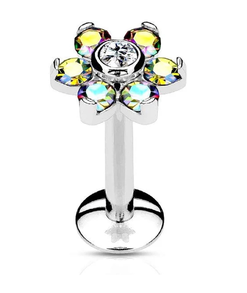 Surgical Steel Internally Threaded 6-Gem Flower Top Labret Monroe Cartilage Studs Labret Impulse Piercings 16GA Length: 6mm Aurora Borealis