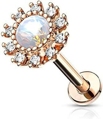 Surgical Steel Internally Threaded Cluster CZ Paved Round Flower with Opalite Center Flat Back Studs for Labret Monroe Ear Cartilage Labret Impulse Piercings 16GA Length: 6mm Rose Gold