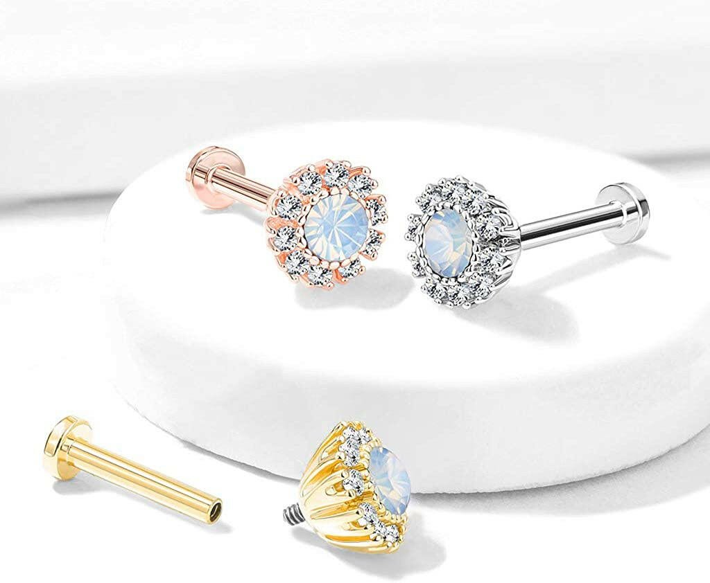 Surgical Steel Internally Threaded Cluster CZ Paved Round Flower with Opalite Center Flat Back Studs for Labret Monroe Ear Cartilage Labret Impulse Piercings