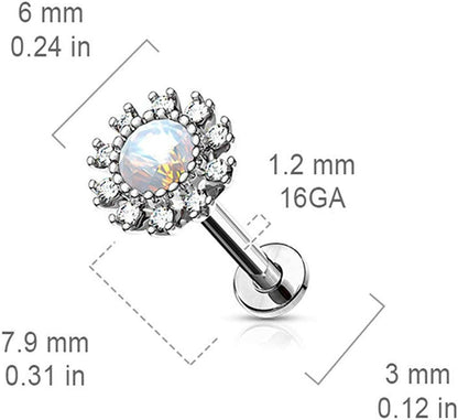 Surgical Steel Internally Threaded Cluster CZ Paved Round Flower with Opalite Center Flat Back Studs for Labret Monroe Ear Cartilage Labret Impulse Piercings