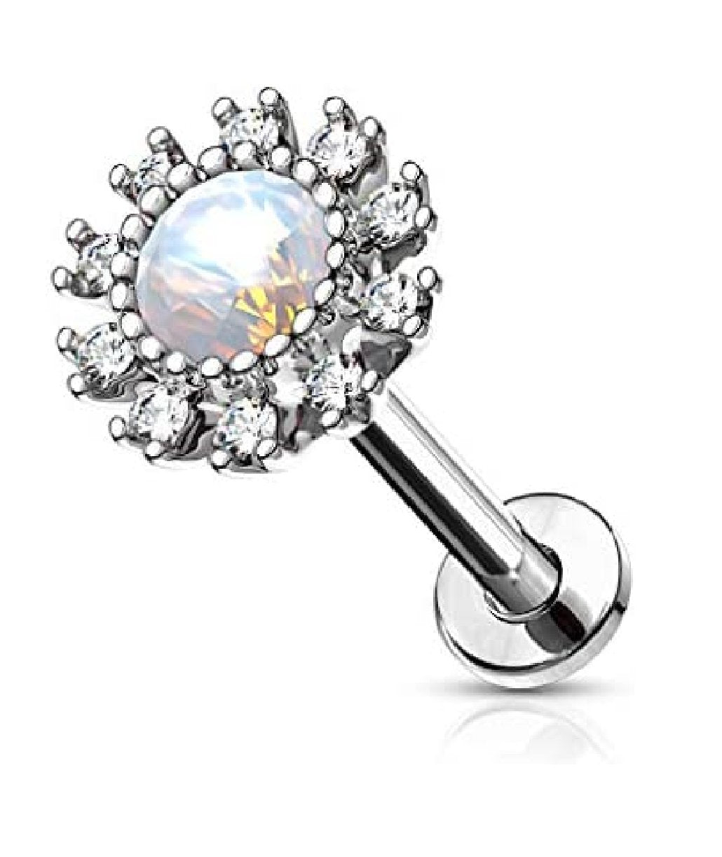 Surgical Steel Internally Threaded Cluster CZ Paved Round Flower with Opalite Center Flat Back Studs for Labret Monroe Ear Cartilage Labret Impulse Piercings 16GA Length: 6mm Clear