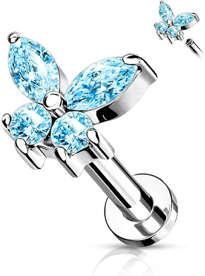 Surgical Steel Internally Threaded CZ Butterfly Top Flat Back Stud for Labret Monroe Cartilage Labret Impulse Piercings 16GA Length: 6mm Aqua