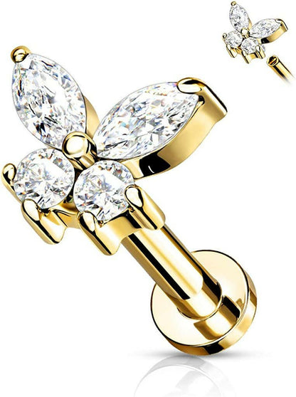 Surgical Steel Internally Threaded CZ Butterfly Top Flat Back Stud for Labret Monroe Cartilage Labret Impulse Piercings 16GA Length: 6mm Gold