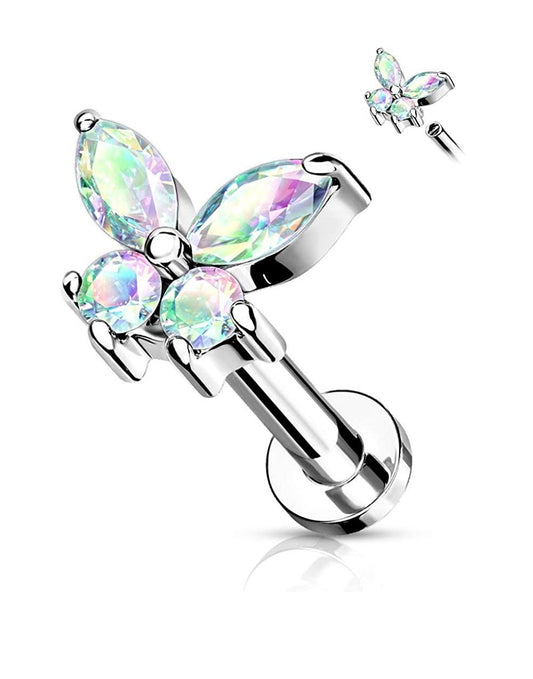 Surgical Steel Internally Threaded CZ Butterfly Top Flat Back Stud for Labret Monroe Cartilage Labret Impulse Piercings 16GA Length: 6mm Aurora Borealis