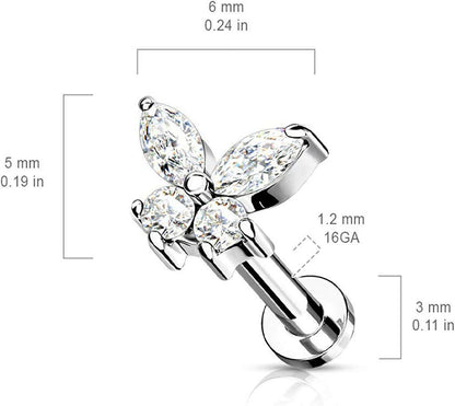 Surgical Steel Internally Threaded CZ Butterfly Top Flat Back Stud for Labret Monroe Cartilage Labret Impulse Piercings