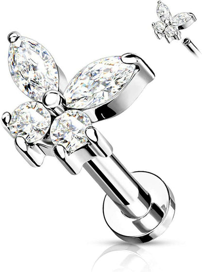 Surgical Steel Internally Threaded CZ Butterfly Top Flat Back Stud for Labret Monroe Cartilage Labret Impulse Piercings 16GA Length: 6mm Clear