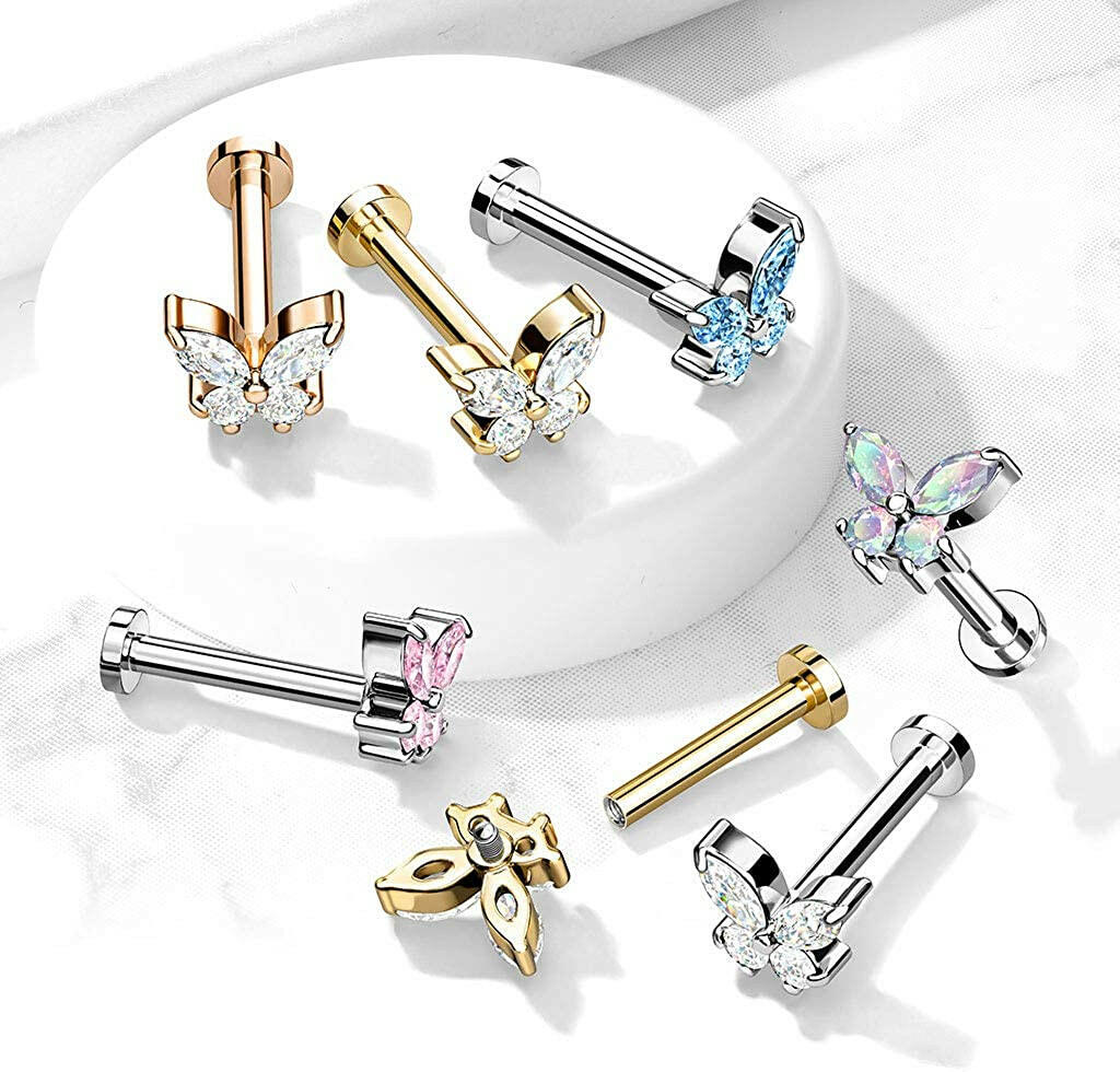 Surgical Steel Internally Threaded CZ Butterfly Top Flat Back Stud for Labret Monroe Cartilage Labret Impulse Piercings