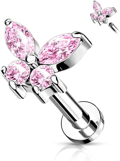 Surgical Steel Internally Threaded CZ Butterfly Top Flat Back Stud for Labret Monroe Cartilage Labret Impulse Piercings 16GA Length: 6mm Pink