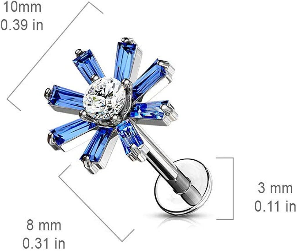 Surgical Steel Internally Threaded CZ Center with Baguette Crystal Petals Labret Monroe Ear Cartilage Studs Labret Impulse Piercings