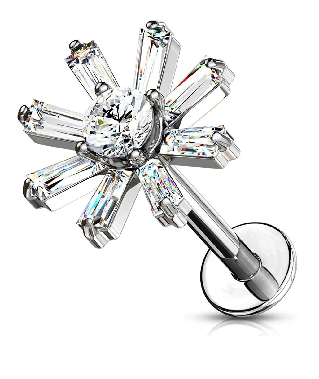 Surgical Steel Internally Threaded CZ Center with Baguette Crystal Petals Labret Monroe Ear Cartilage Studs Labret Impulse Piercings Clear