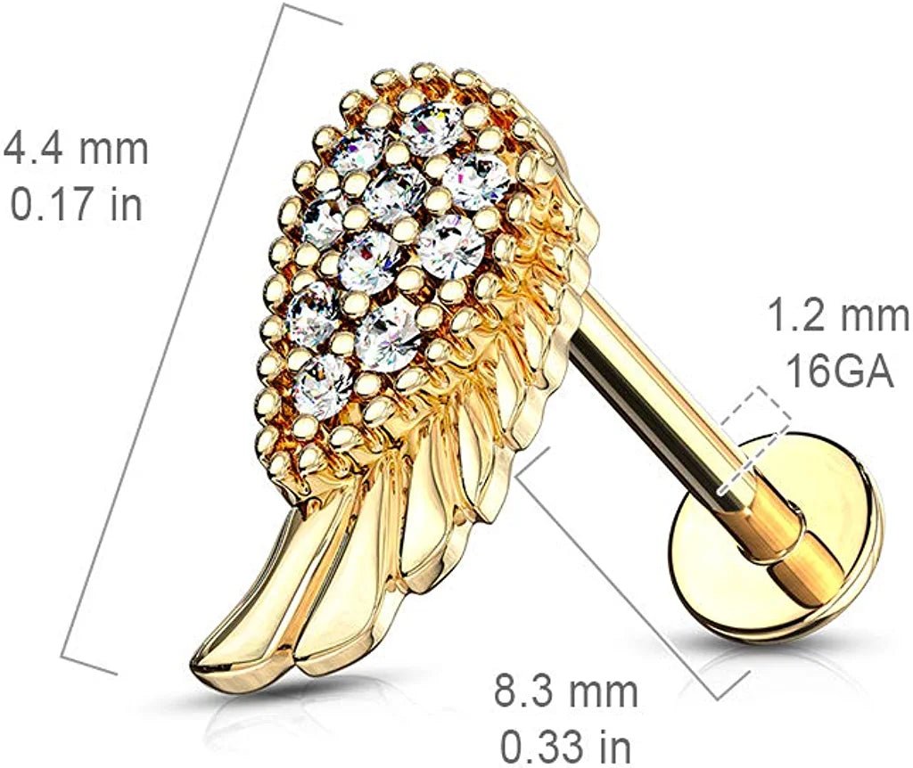 Surgical Steel Internally Threaded CZ Paved Angel Wing Top Labret Monroe Ear Cartilage Studs Cartilage Earring Impulse Piercings