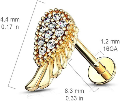 Surgical Steel Internally Threaded CZ Paved Angel Wing Top Labret Monroe Ear Cartilage Studs Cartilage Earring Impulse Piercings