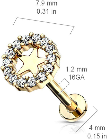 Surgical Steel Internally Threaded CZ Paved Circle with Star Flat Back Studs for Labret Monroe Ear Cartilage Cartilage Earring Impulse Piercings