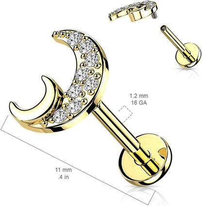 Surgical Steel Internally Threaded CZ Paved Crescent Moon Flat Back Stud for Labret Monroe Cartilage Labret Impulse Piercings