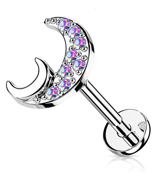 Surgical Steel Internally Threaded CZ Paved Crescent Moon Flat Back Stud for Labret Monroe Cartilage Labret Impulse Piercings 16GA Length: 6mm Aurora Borealis