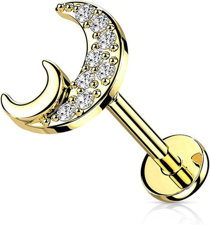 Surgical Steel Internally Threaded CZ Paved Crescent Moon Flat Back Stud for Labret Monroe Cartilage Labret Impulse Piercings 16GA Length: 6mm Gold