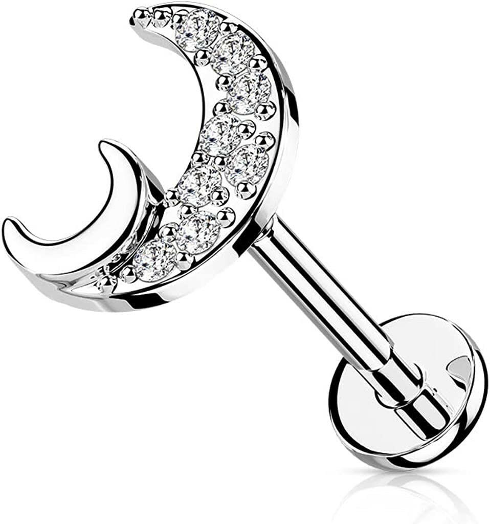 Surgical Steel Internally Threaded CZ Paved Crescent Moon Flat Back Stud for Labret Monroe Cartilage Labret Impulse Piercings 16GA Length: 6mm Clear