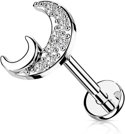 Surgical Steel Internally Threaded CZ Paved Crescent Moon Flat Back Stud for Labret Monroe Cartilage Labret Impulse Piercings 16GA Length: 6mm Clear