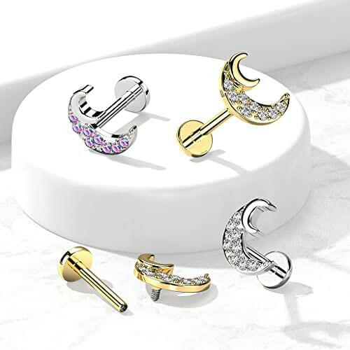 Surgical Steel Internally Threaded CZ Paved Crescent Moon Flat Back Stud for Labret Monroe Cartilage Labret Impulse Piercings