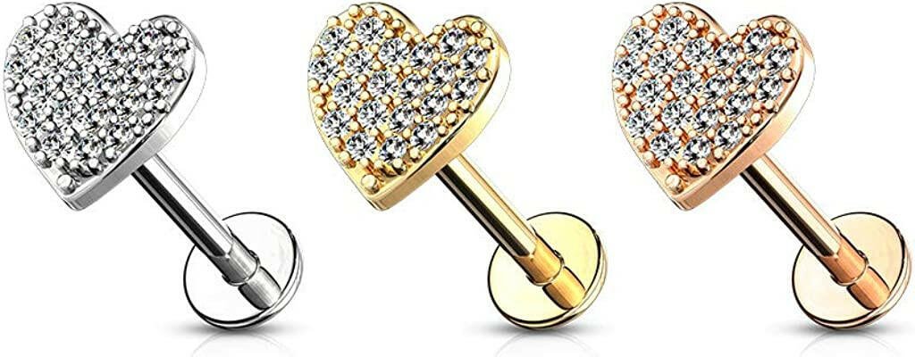 Surgical Steel Internally Threaded CZ Paved Curved Heart Top Flat Back Studs for Labret Monroe Ear Cartilage Labret Impulse Piercings