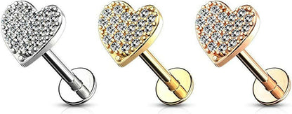 Surgical Steel Internally Threaded CZ Paved Curved Heart Top Flat Back Studs for Labret Monroe Ear Cartilage Labret Impulse Piercings