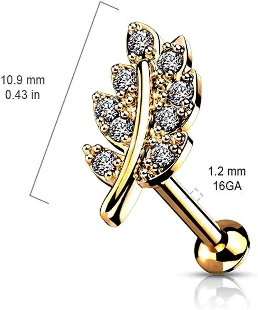 Surgical Steel Internally Threaded CZ Paved Leaf Top on Flat Back Stud for Labret Monroe Cartilage Labret Impulse Piercings