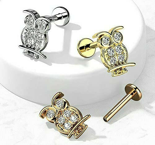 Surgical Steel Internally Threaded CZ Paved Owl Top Flat Back Stud for Labret Monroe Cartilage Labret Impulse Piercings