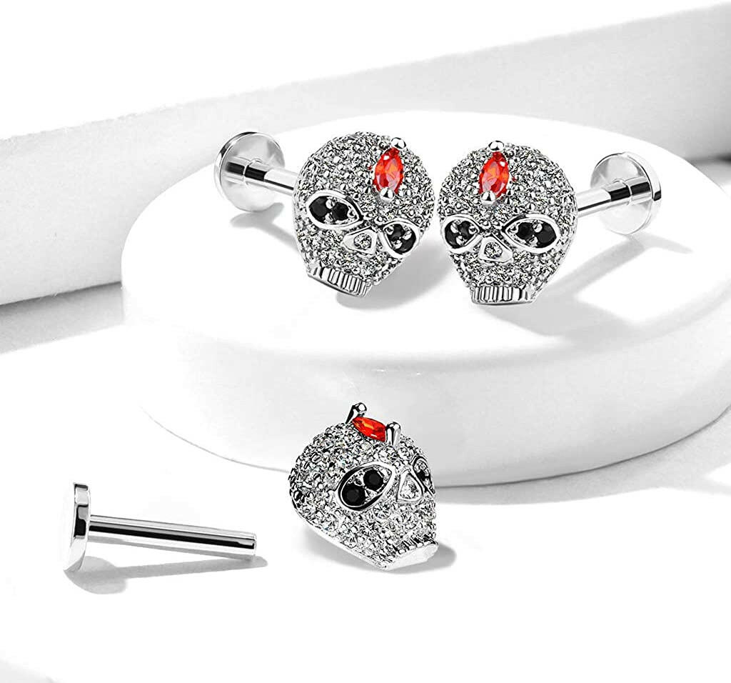 Surgical Steel Internally Threaded CZ Paved Skull Top Labret Monroe Ear Cartilage Studs Labret Impulse Piercings