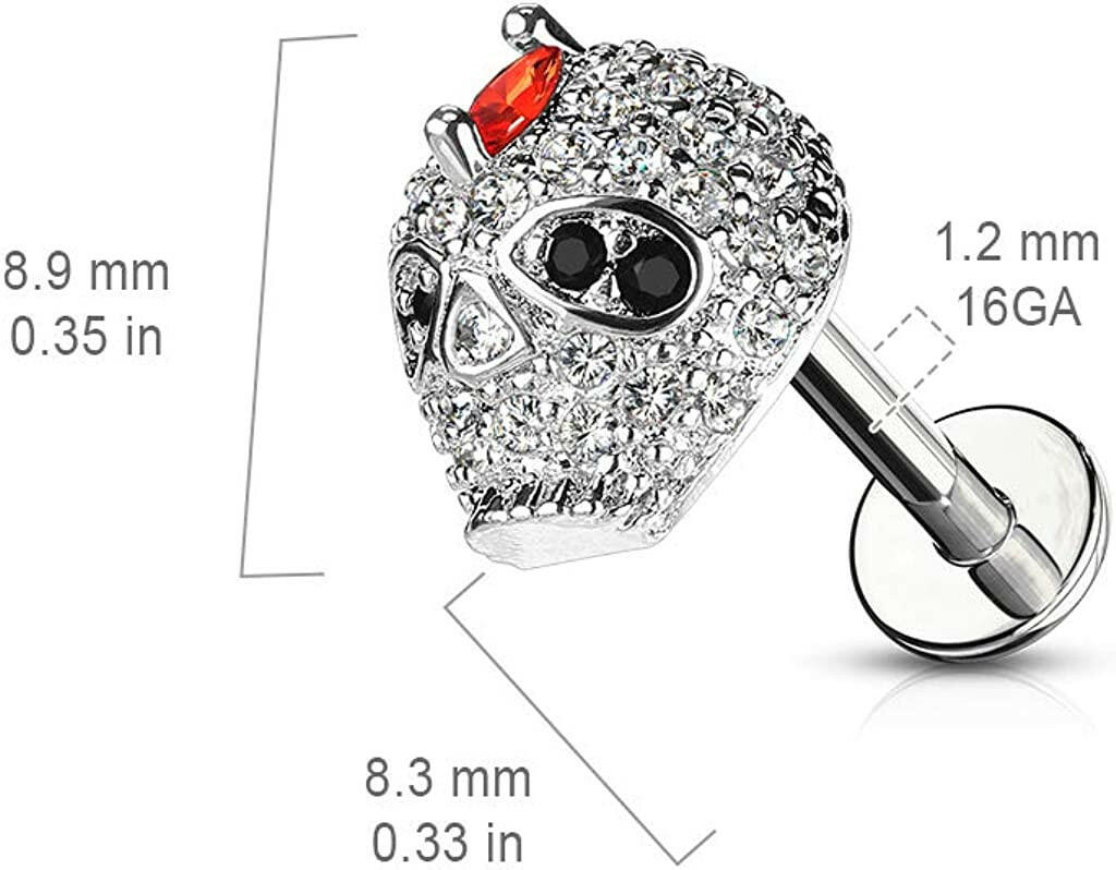 Surgical Steel Internally Threaded CZ Paved Skull Top Labret Monroe Ear Cartilage Studs Labret Impulse Piercings