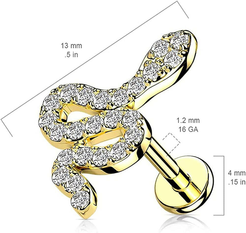 Surgical Steel Internally Threaded CZ Paved Small Snake Top Flat Back Stud for Labret Monroe Cartilage Labret Impulse Piercings