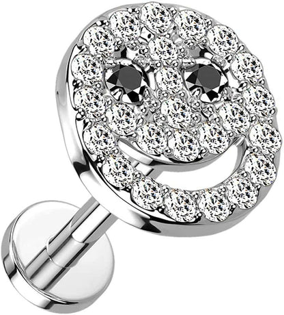 Surgical Steel Internally Threaded CZ Paved Smiley Face with Black CZ Eyes on Flat Back Stud for Labret Monroe Cartilage Cartilage Impulse Piercings 16GA Length: 6mm Clear