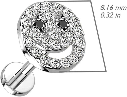 Surgical Steel Internally Threaded CZ Paved Smiley Face with Black CZ Eyes on Flat Back Stud for Labret Monroe Cartilage Cartilage Impulse Piercings