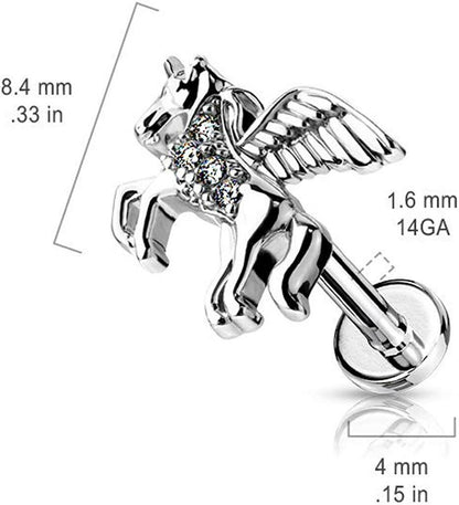 Surgical Steel Internally Threaded CZ Paved Unicorn on Flat Back Stud for Labret Monroe Cartilage Labret Impulse Piercings