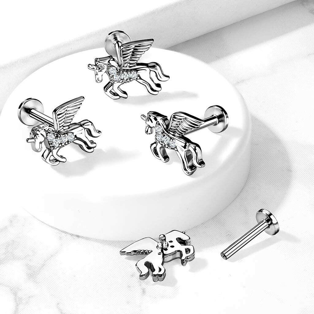 Surgical Steel Internally Threaded CZ Paved Unicorn on Flat Back Stud for Labret Monroe Cartilage Labret Impulse Piercings