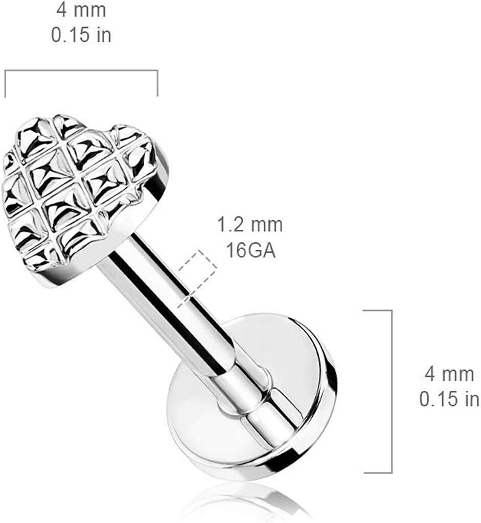 Surgical Steel Internally Threaded Diamond Embossed Heart Flat Back Stud for Labret Monroe Cartilage Labret Impulse Piercings