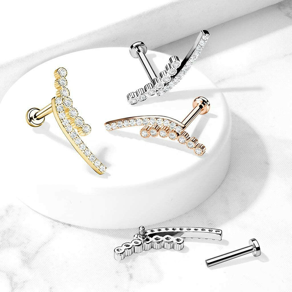 Surgical Steel Internally Threaded Double Lined CZ Paved Curve Top on Flat Back Stud for Labret Monroe Cartilage Labret Impulse Piercings