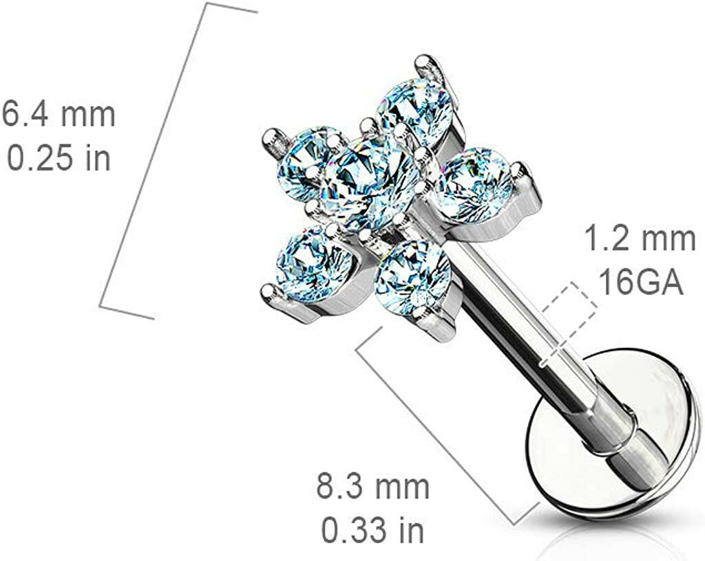 Surgical Steel Internally Threaded Double Tiered 6 CZ Flower Top Labret Monroe Ear Cartilage Studs Labret Impulse Piercings