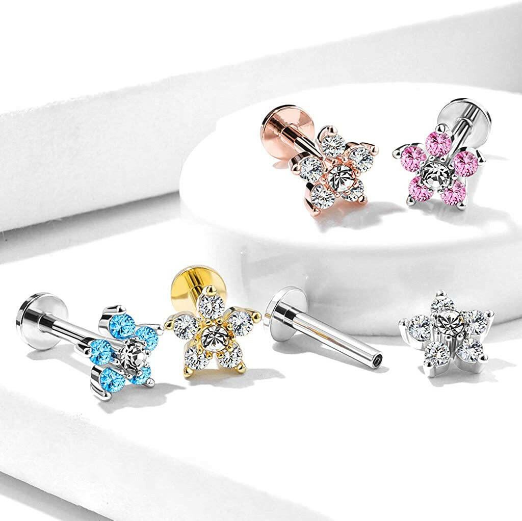 Surgical Steel Internally Threaded Double Tiered 6 CZ Flower Top Labret Monroe Ear Cartilage Studs Labret Impulse Piercings