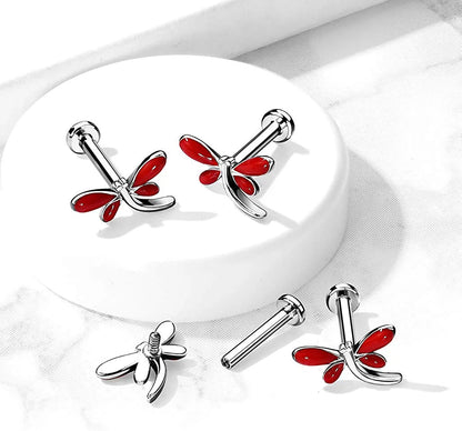 Surgical Steel Internally Threaded Dragonfly Top on Flat Back Stud for Labret Monroe Cartilage Labret Impulse Piercings