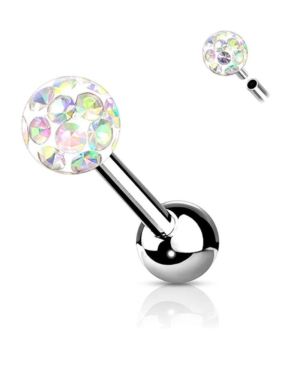 Surgical Steel Internally Threaded Epoxy Covered Crystal Paved Ball Top Cartilage Barbells Barbell Impulse Piercings Aurora Borealis