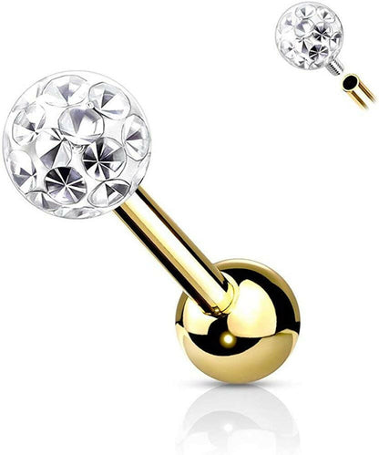 Surgical Steel Internally Threaded Epoxy Covered Crystal Paved Ball Top Cartilage Barbells Barbell Impulse Piercings Gold