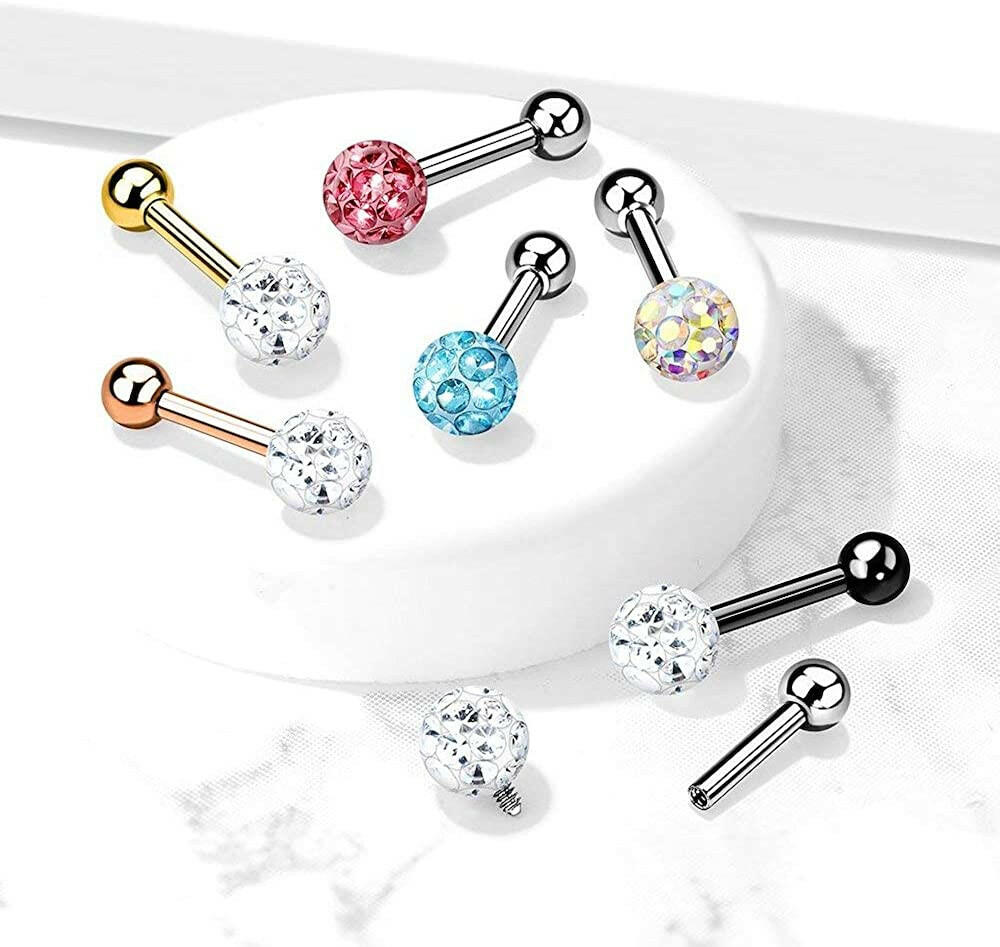 Surgical Steel Internally Threaded Epoxy Covered Crystal Paved Ball Top Cartilage Barbells Barbell Impulse Piercings