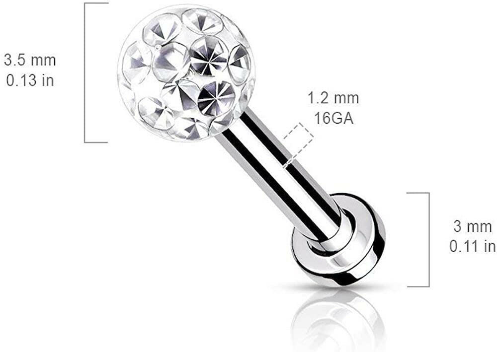 Surgical Steel Internally Threaded Epoxy Covered Crystal Paved Ball Top Flat Back Studs for Labret Monroe Cartilage Labret Impulse Piercings