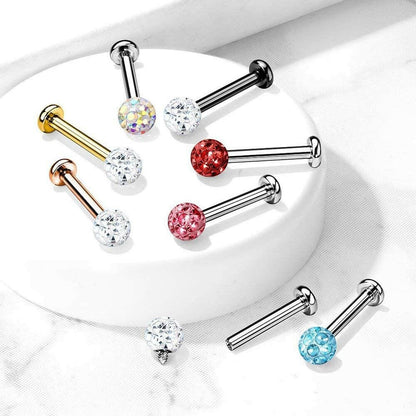 Surgical Steel Internally Threaded Epoxy Covered Crystal Paved Ball Top Flat Back Studs for Labret Monroe Cartilage Labret Impulse Piercings